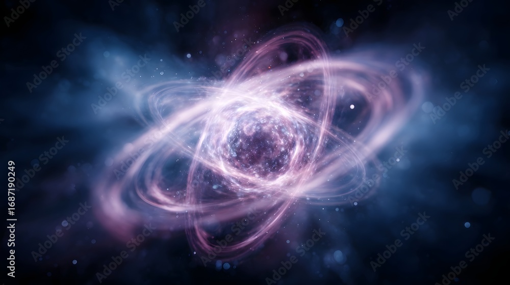 Poster abstract visualization of an atom with glowing electron orbitals swirling around a luminous core