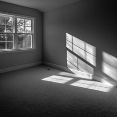 Interior monochrome view of a room with a window. Sunlight casts shadows on the carpeted floor