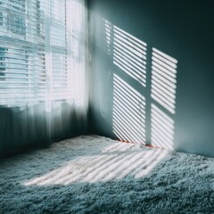 Sunlight streams through a window, casting shadows on a beige carpet