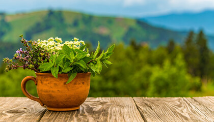 Fresh herbs in rustic mug, mountain backdrop.