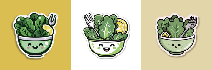 Three cartoon bowls filled with leafy greens showcase cheerful faces and lime wedges. The vibrant colors create a playful atmosphere, emphasizing freshness and healthiness.