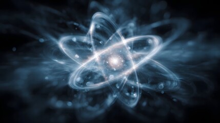 Stylized atomic structure with glowing energy orbits around a luminous nucleus representing scientific concepts