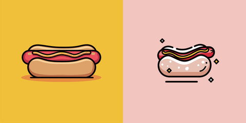 Two hot dog illustrations are displayed against bright backgrounds. One features classic toppings on a yellow backdrop, while the other showcases a playful style on a pink background.