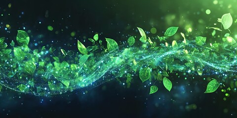 Abstract green energy leaves background with glowing particles and light effects on a dark
