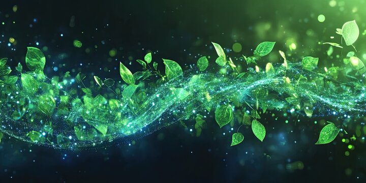 Abstract green energy leaves background with glowing particles and light effects on a dark