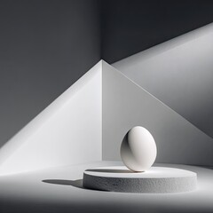 A single, pristine white egg sits on a simple, white pedestal in a minimalist, geometrically-shaped space.  Light angles highlight the form