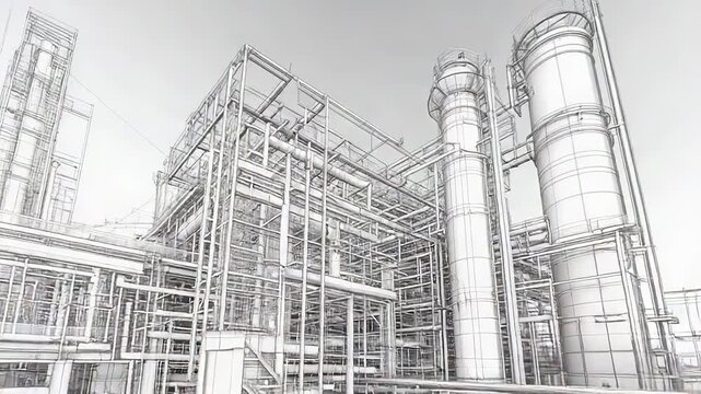 Wireframe rendering of a large industrial chemical plant
