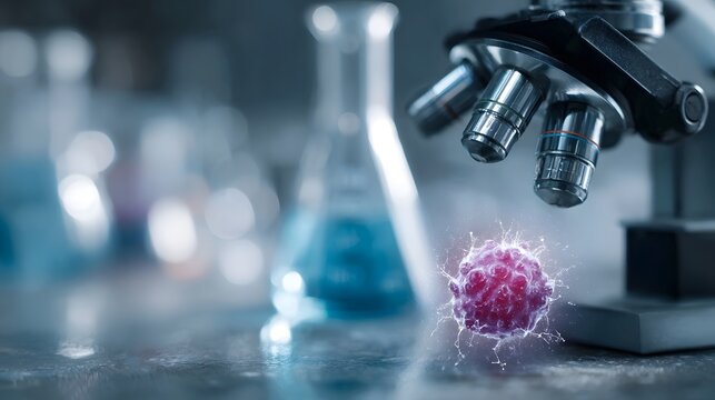 Scientific discovery Microscopic cell examined under a microscope with laboratory glassware