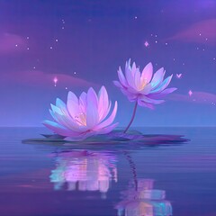 Two pastel pink lotus flowers float on a still, purple-toned water surface, with a starry night sky above.  Soft lighting creates a dreamy, ethereal atmosphere
