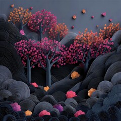 Autumnal forest scene, paper-cut style.  Dark, moody mountains and trees with vibrant fall colors