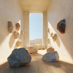 Light-filled minimalist interior with scattered rocks