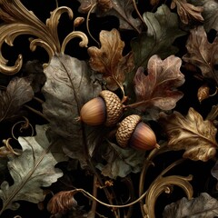 Detailed autumnal image with acorns and leaves amidst ornate scrollwork