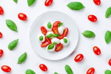 Naklejka premium White plate of fresh mozzarella, cherry tomatoes, and basil, arranged in a circular pattern on a white background