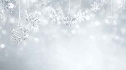 Graceful Christmas Setting with Silvery Snowflakes and Subtle Bokeh Lighting, Exuding a Luxurious Festive Elegance, Clean and Minimalist Style.