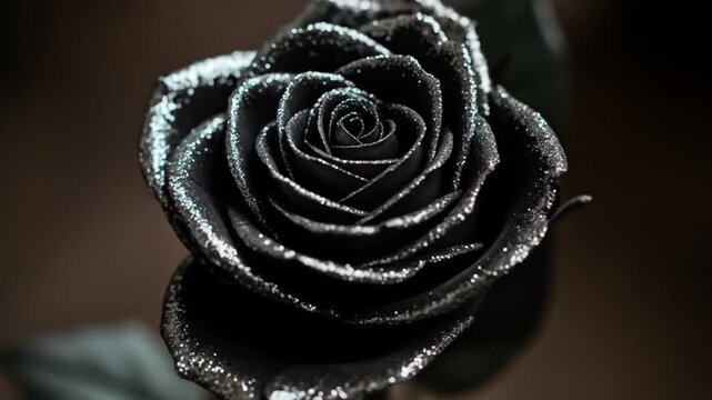 Close Up of A Black Rose with Glittering Petals on Dark Background in a Studio Shot with Dramatic Lighting and Elegant Floral Design with Detailed Textures