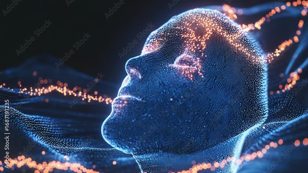 Aufkleber digital human face emerging from futuristic flowing particles data stream