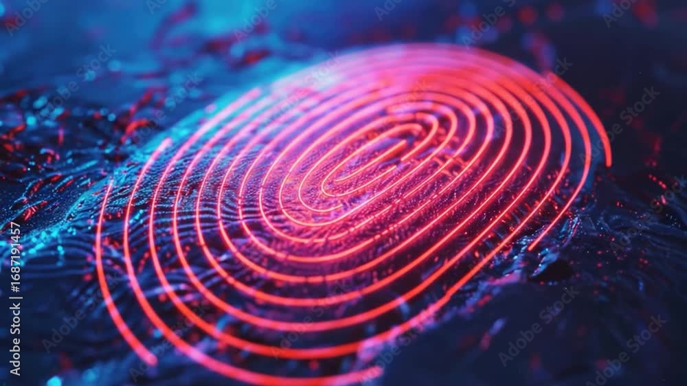 Poster a close-up image of a fingerprint illuminated by red and blue lights