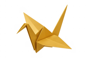 Golden origami crane flying with transparent background