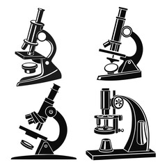 A collection of four distinct black silhouette illustrations of various scientific microscopes showcasing different designs and styles for laboratory analysis and research purposes