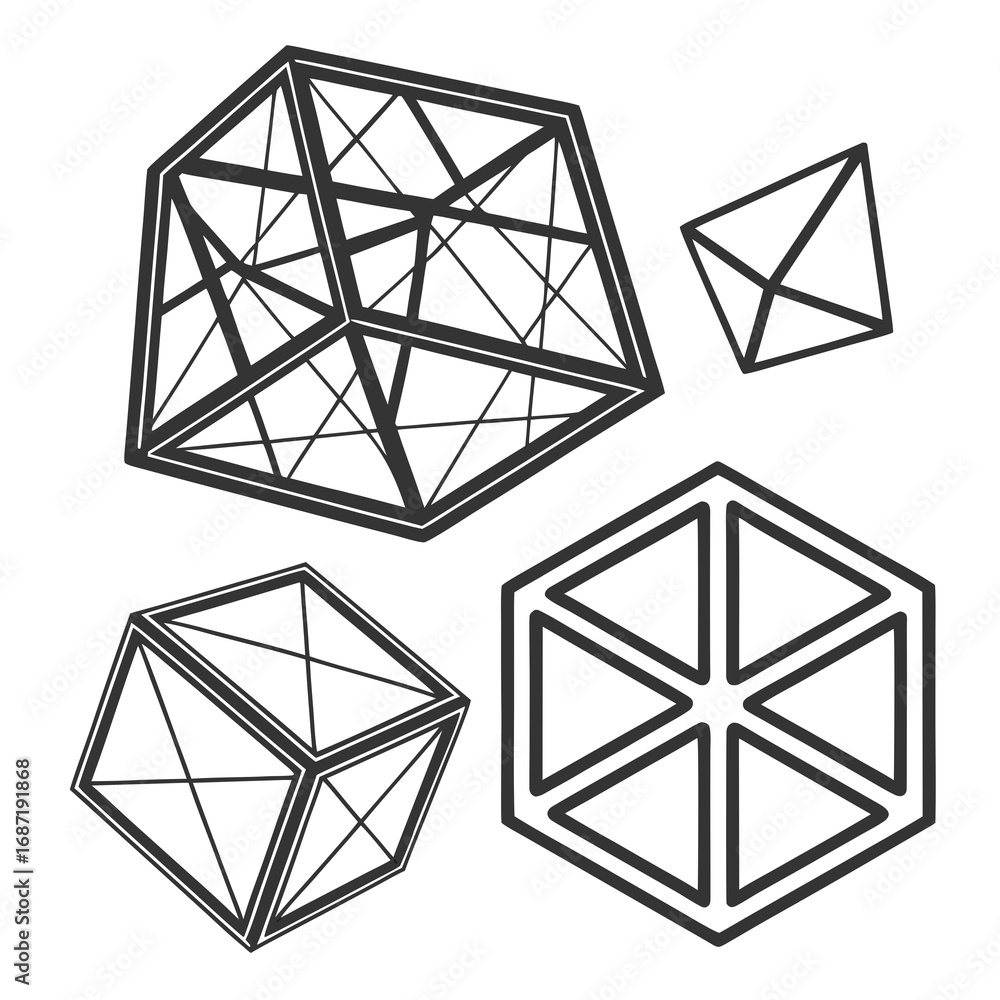 Aufkleber a collection of abstract geometric wireframe shapes including a cube a hexagonal prism a pyramid and