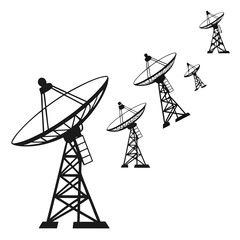 A cluster of black satellite dishes on tall metal towers are arranged in a diagonal line across a clean white background representing communication and technology