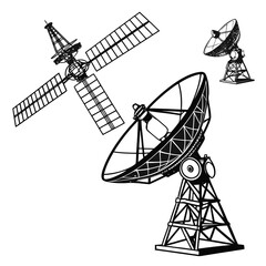 A satellite dish array and a space satellite with solar panels are depicted in a stylized black and white illustration against a clean white background