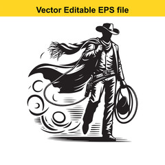 Silhouette of a cowboy with a lasso and hat, isolated on white background