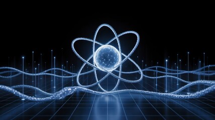 Abstract illustration of an atom concept with glowing particles in a dark environment
