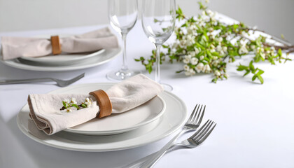 Two elegantly set places with white plates, linen napkins held by leather rings, silverware, wine glasses, and a small bunch of white flowers on a white tablecloth.