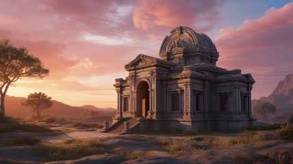 Ancient Stone Temple at Sunset with Dramatic Skies and Architectural Details
