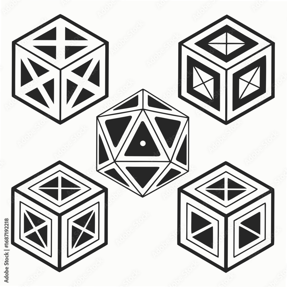 Aufkleber a collection of geometric shapes including a dodecahedron and three stylized cubes with intricate pa