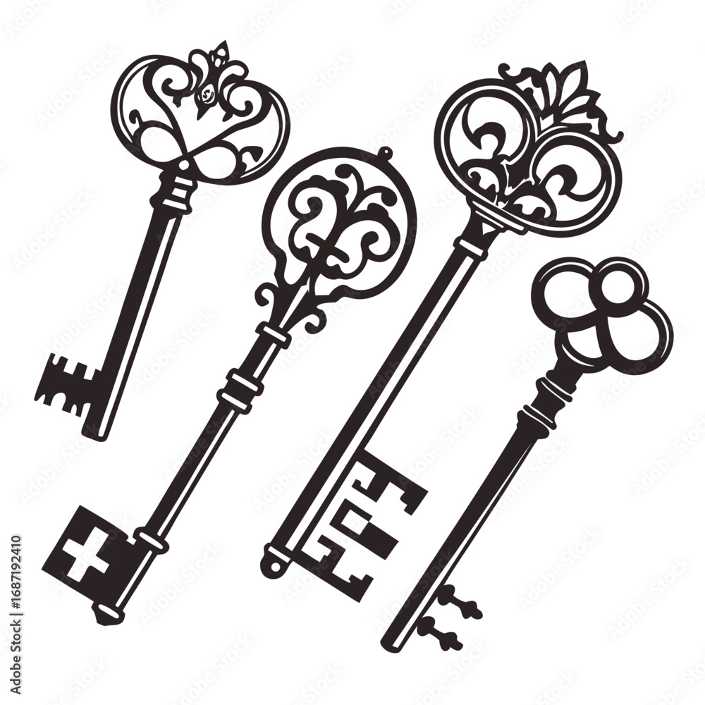 Poster A collection of four ornate vintage skeleton keys with decorative bow designs and intricate bit patterns presented in a graphic vector illustration on a clean white background
