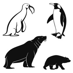 A collection of stylized black and white silhouette illustrations featuring a penguin a seal a polar bear and a bird with a distinctive curved beak all set against a clean white background
