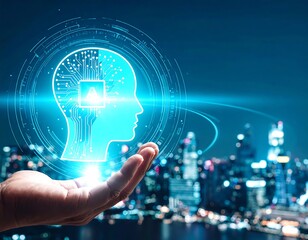 Hand holding holographic AI head over city