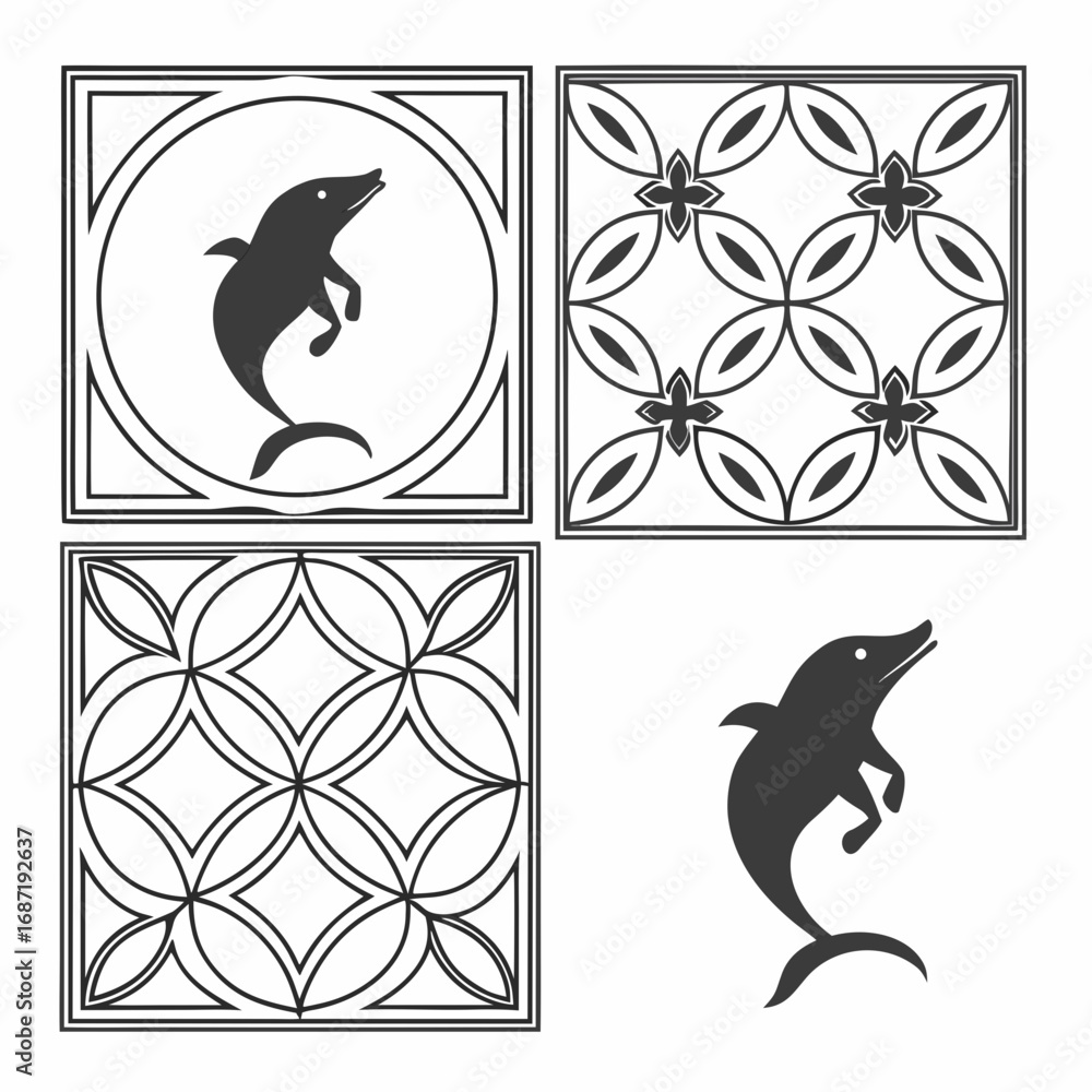 Aufkleber four graphic elements featuring a leaping dolphin silhouette and two distinct geometric patterns in 