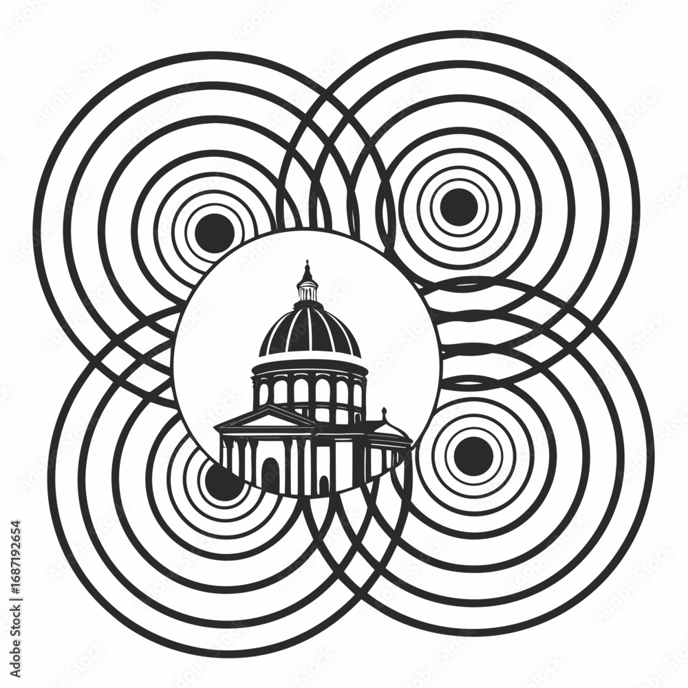 Aufkleber abstract graphic design featuring a neoclassical domed building silhouette within concentric circles