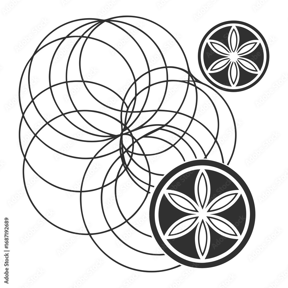 Aufkleber abstract geometric pattern featuring overlapping circles and two circular floral emblems in a minima