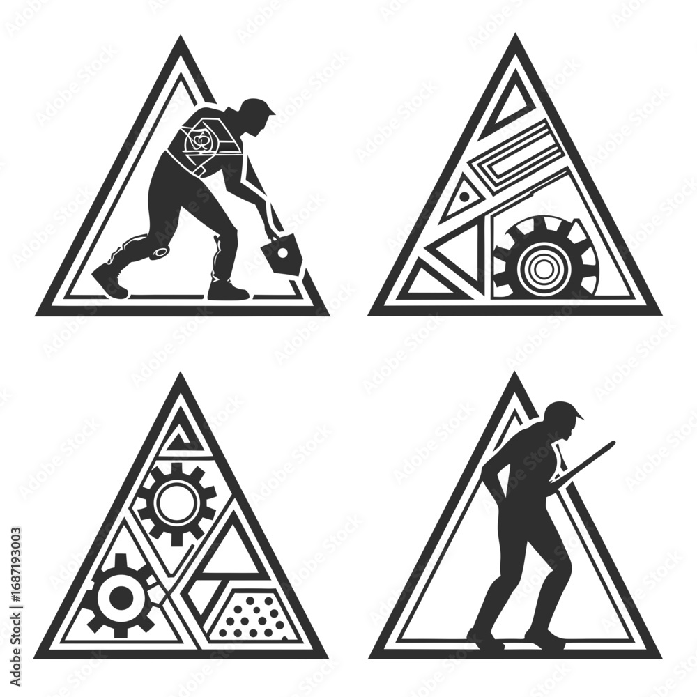 Aufkleber four triangular icons depicting stylized silhouettes of workers and mechanical components representi
