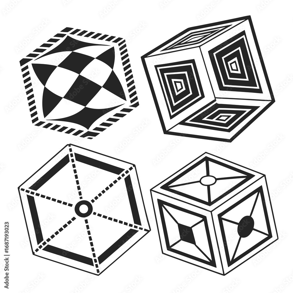 Aufkleber a collection of four abstract geometric cube shapes with unique black and white patterns and optical