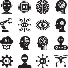 Artificial Intelligence and Technology Silhouette Icons with Robot and Drone Keywords: artificial