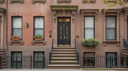 Classic brownstone facade in the city, adorned with windows and entrance steps