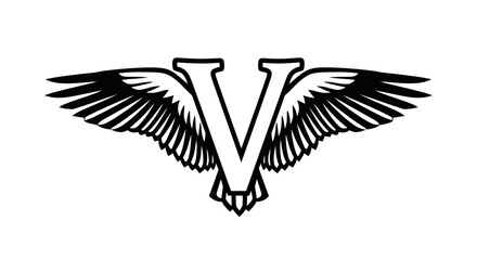 Stylized capital letter V with large, detailed bird wings extending outwards.