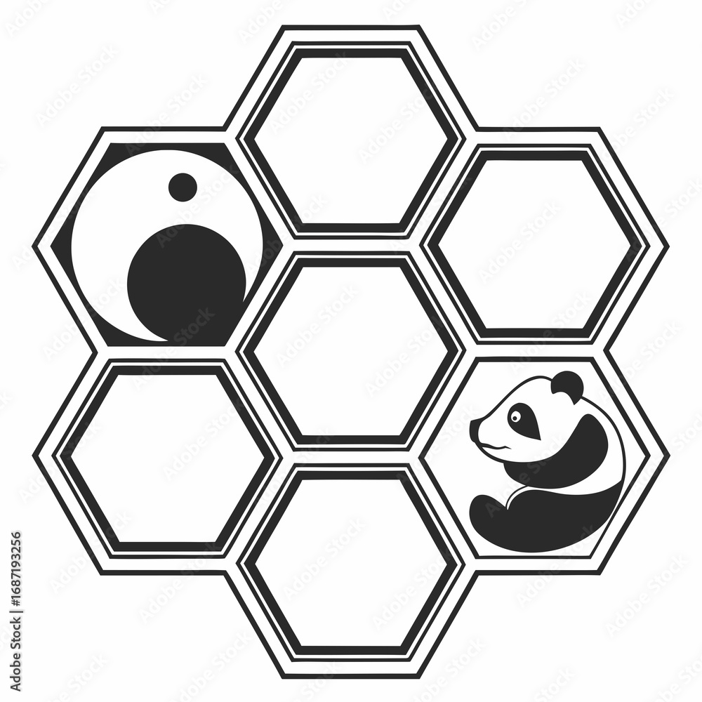 Aufkleber a whimsical black and white illustration featuring a stylized panda bear resting within a hexagonal 