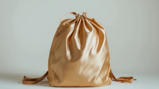 A luxurious gold satin bag with a functional drawstring strap, perfect for everyday use or as a decorative accent