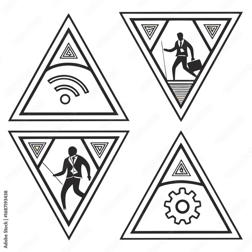 Aufkleber four triangular frames containing abstract symbols representing business concepts like technology pr