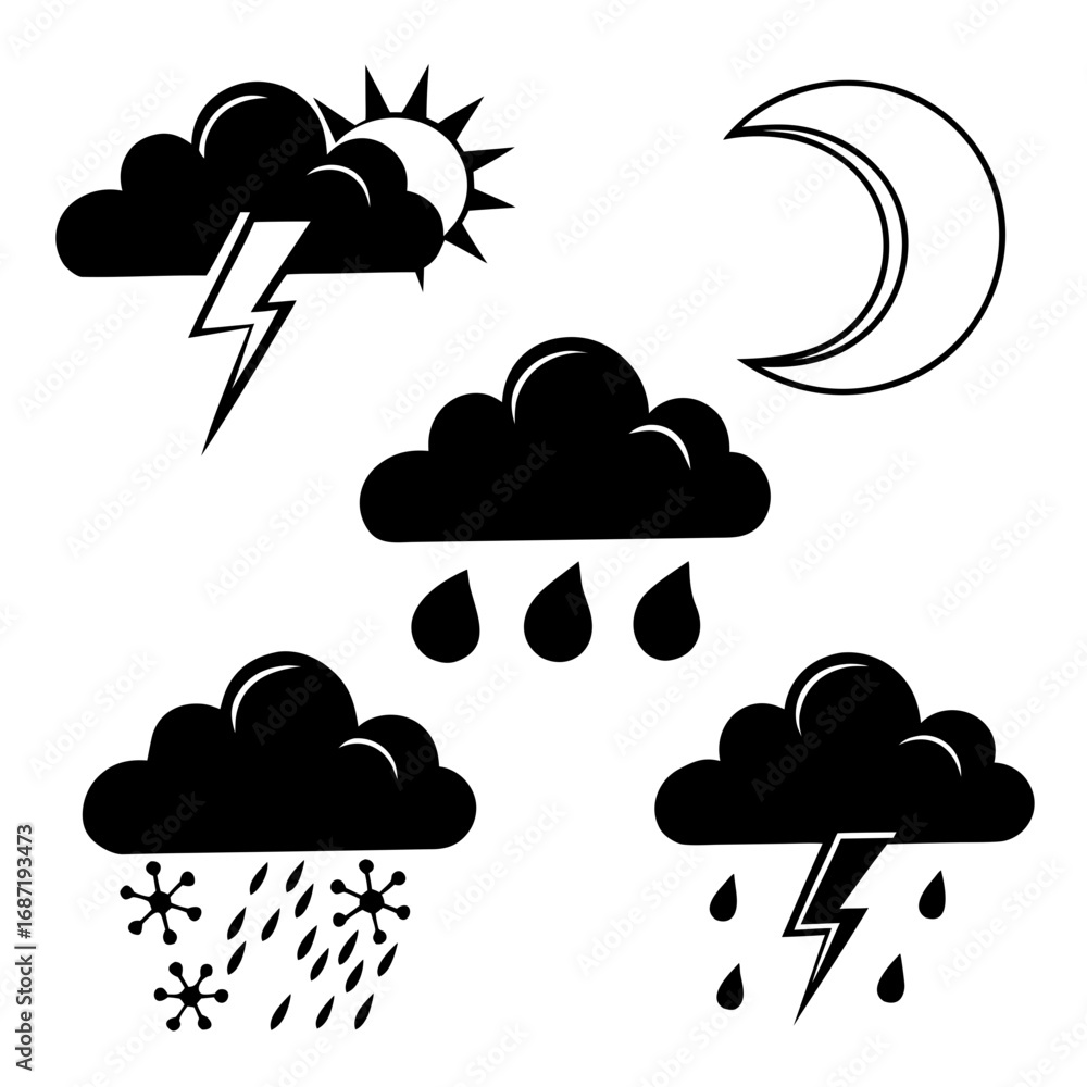 Aufkleber A collection of simple black and white vector icons representing various weather conditions including sun behind clouds with lightning rain snow and a crescent moon at night