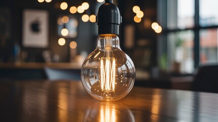 Decorative glowing vintage light bulb detail on wooden table in restaurant or cafe interior