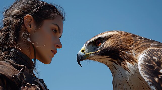 Intense Gaze Between a Young Woman and a Majestic Hawk Against a Clear Blue Sky.