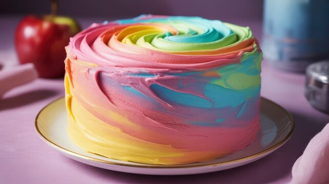 Delicious Rainbow Buttercream Cake on Plate with Apple and Swirled Frosting - Powered by Adobe