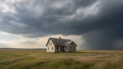 Fototapeta premium Dramatic abandoned farmhouse under ominous stormy sky in vast open landscape